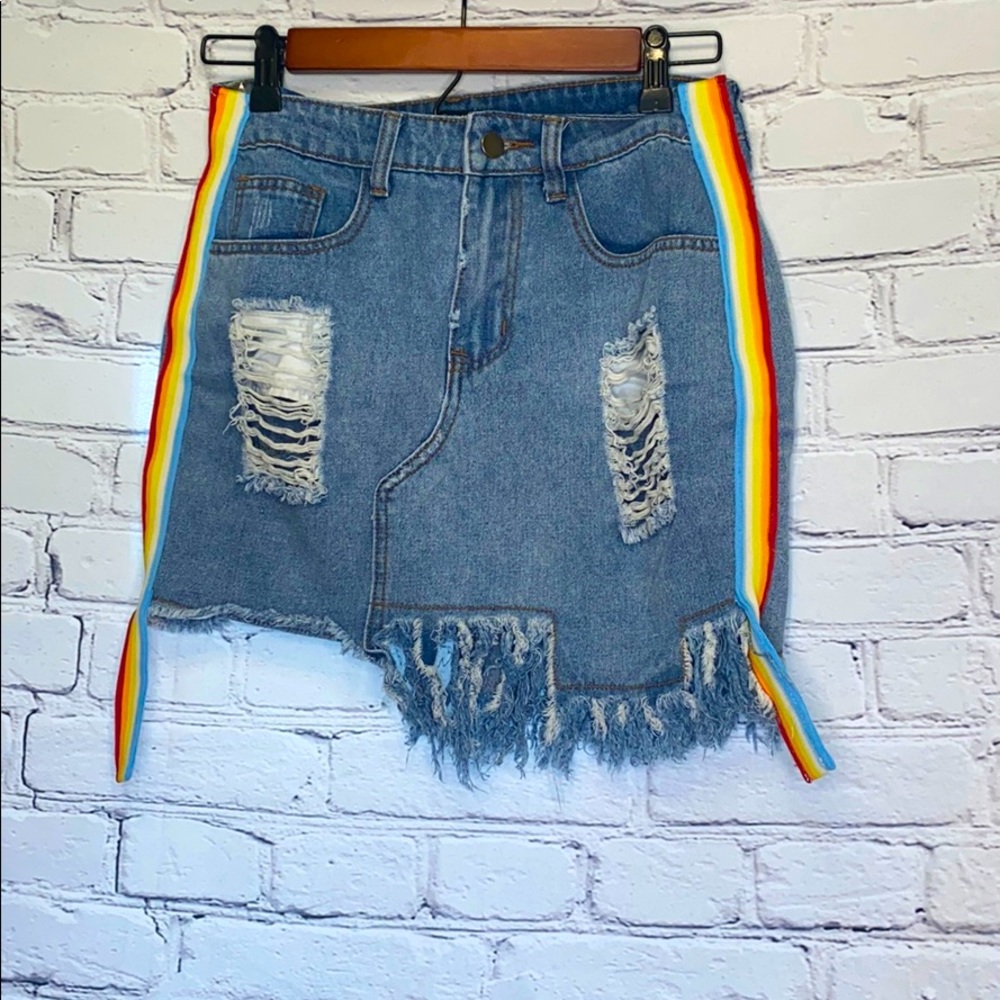 Fashion Nova Rainbow Trimmed Distressed Blue Jean Skirt Size Small